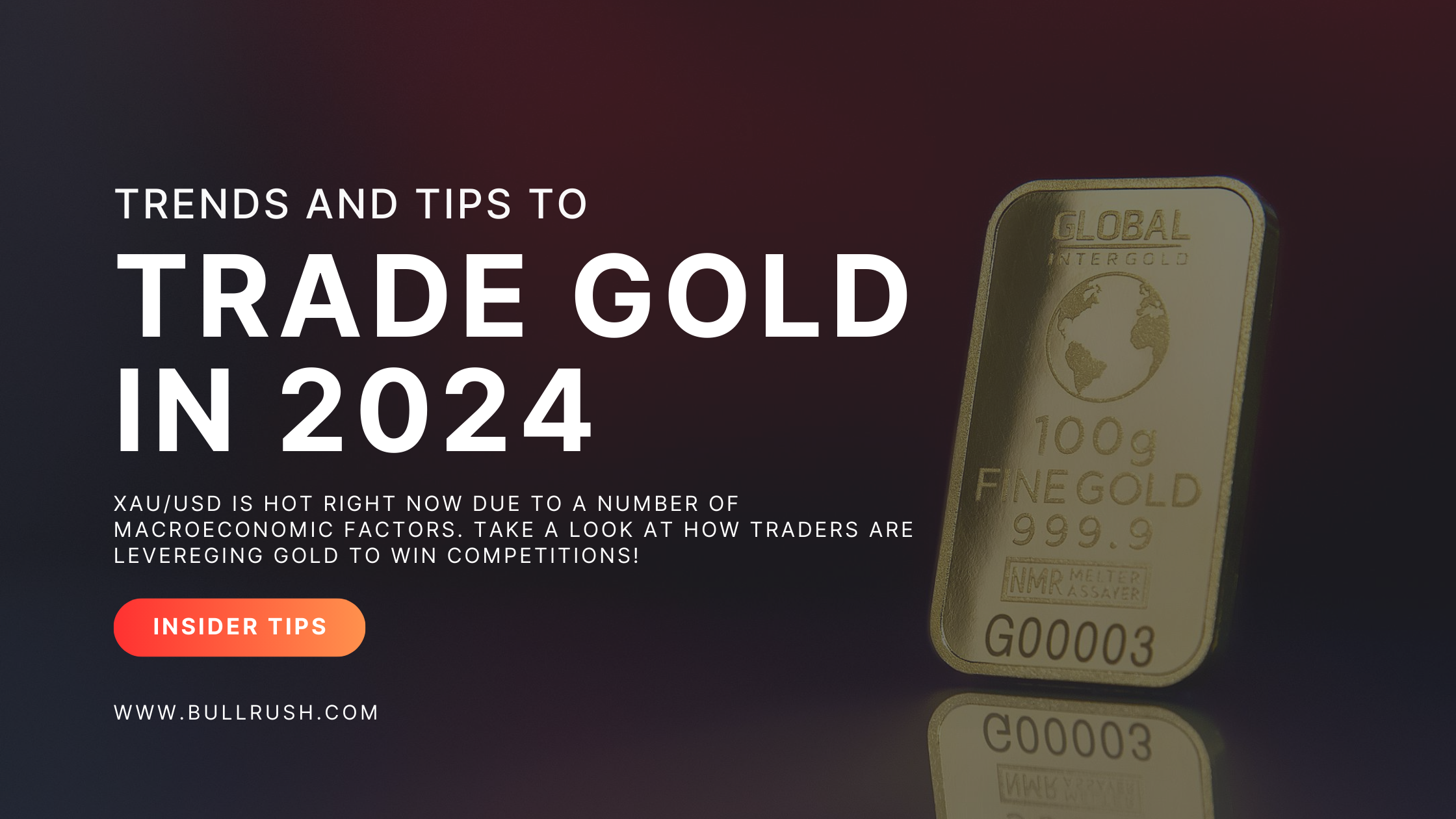 BullRush blog title: Trade Gold in 2024. With a picture of a gold bar showing 2024 gold prices.